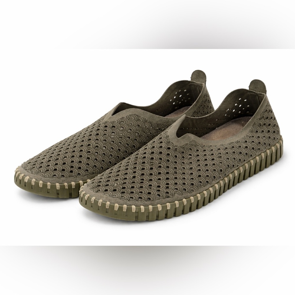 Ilse Jacobsen Tulip 40 Olive Perforated Slip On Comfort Flats - Picture 2 of 8